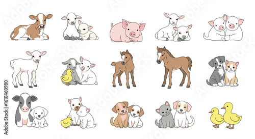 A charming collection of farm animals and their adorable youngster companions in a whimsical artistic depiction