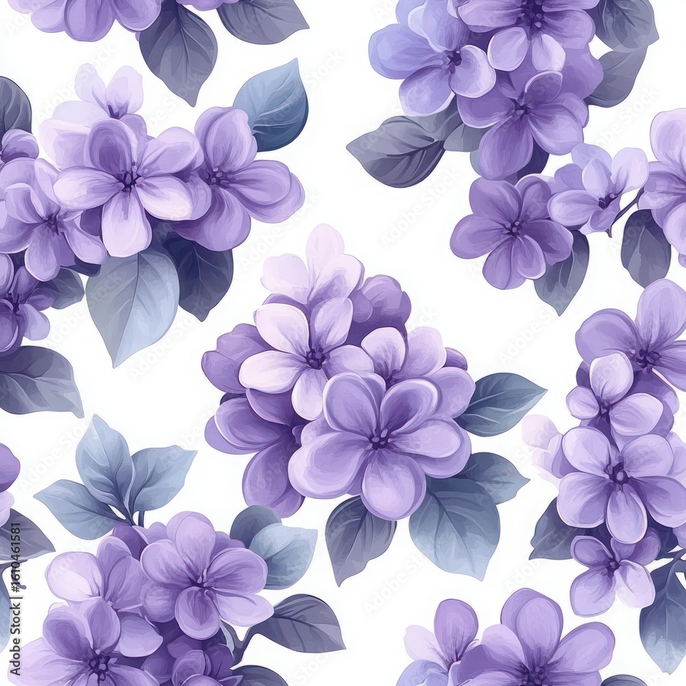 Fototapeta premium Beautiful floral seamless pattern featuring purple flowers and green leaves on a soft background for design projects and textiles