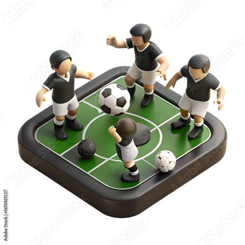 Miniature Soccer Game: Four Players on a Field with Three Balls