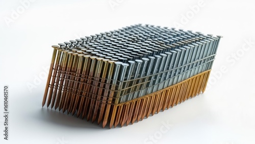 Collated Nails for Nail Gun, Stacked Strips of Industrial Fasteners on White Background