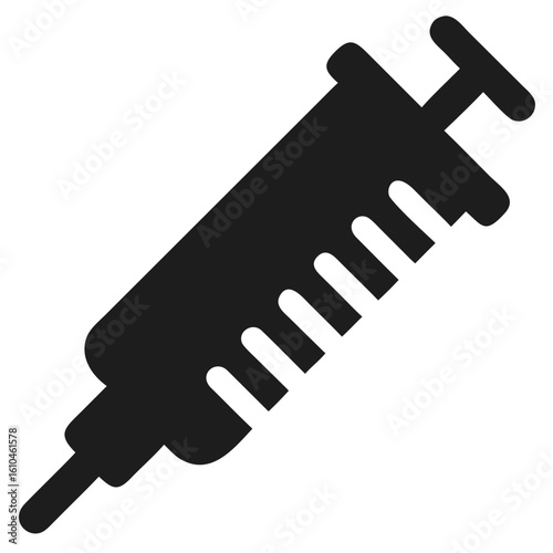 Simple black silhouette design of a syringe depicting medical injections and healthcare concepts.