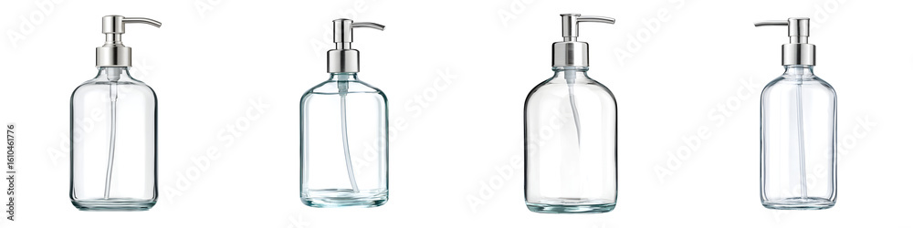 Fototapeta premium Elegant Clear Glass Soap Dispensers with Silver Pump Heads on White Background
