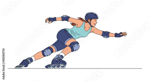 Dynamic action shot of a roller derby athlete in motion wearing protective gear