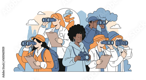 A diverse group of scientists and students engaged in field research and observation