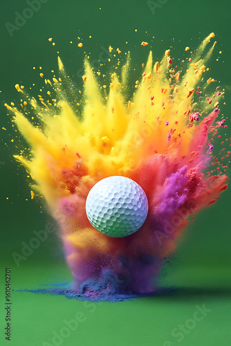 Colorful explosion of powder around a golf ball on a vibrant green background
