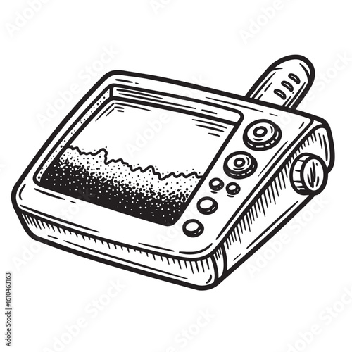 Vintage hand drawn illustration of a detailed fish finder device in black and white