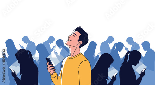 Man looks up joyfully while others around him stare at their phones disconnected from their surroundings