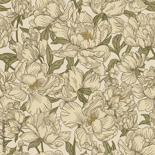 Seamless pattern with peony flowers. Beige and gold colors.