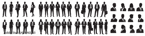 Silhouette illustrations of business professionals in various poses and headshot profiles