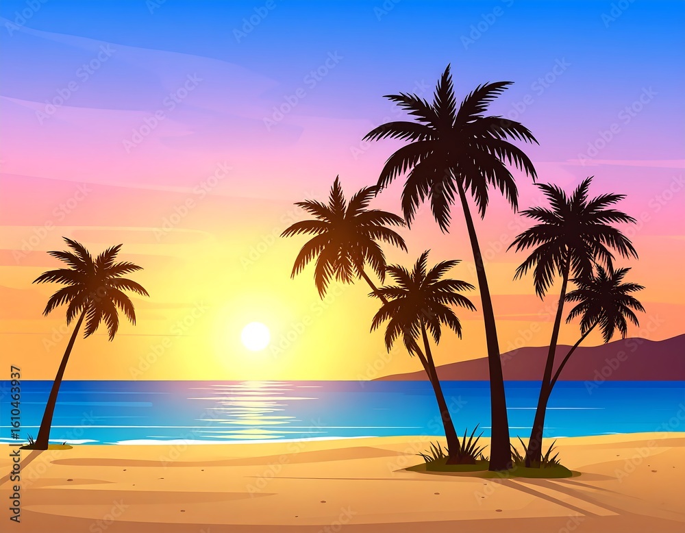 Obraz premium Sunset beach scene with palm trees (1)