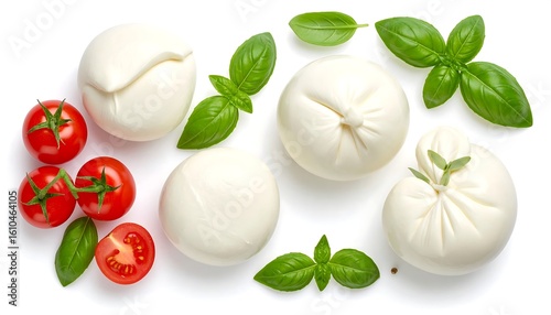 Overhead shot of fresh mozzarella balls and cherry tomatoes with basil leaves on white background