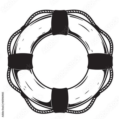Vintage style black and white illustration of a classic lifesaver buoy floating device