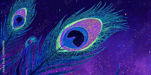 Glowing peacock feathers in surreal cosmic colors