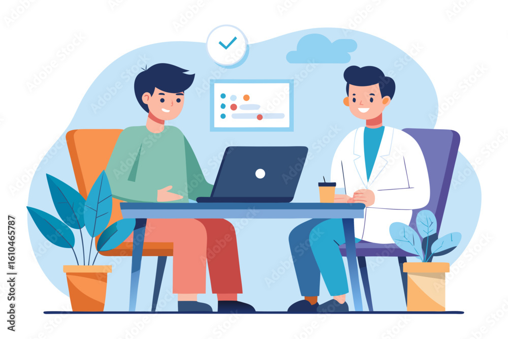 Doctor consulting patient at desk with laptop in clinic illustration Doctor consulting patient at desk with laptop in clinic illustration