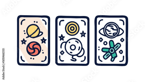 Astronomy themed card game vector illustration featuring planets, stars, and cosmic elements for space lovers