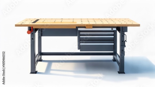Modern industrial workbench with wooden top and integrated tool storage drawers, isolated on a white background.