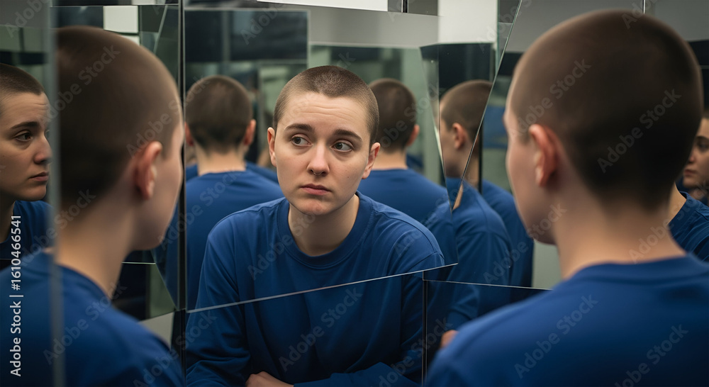 Fototapeta premium A young woman with a shaved head, wearing a blue uniform, looks thoughtfully at her reflection in multiple mirrors.
