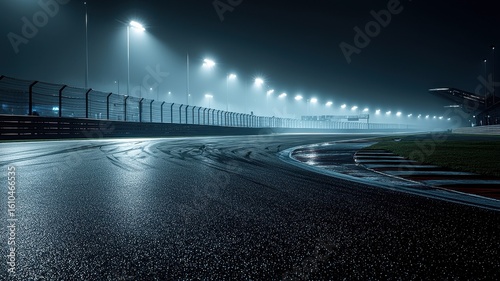 An empty F1 track illuminated by floodlights at night, showcasing a slick asphalt surface with dramatic lights creating an atmospheric racing scene.