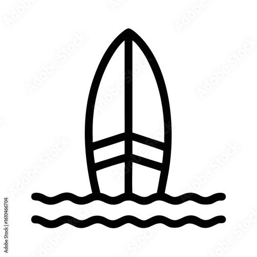 Black silhouette surfing icon representing a surfboard in a vertical orientation for design purposes