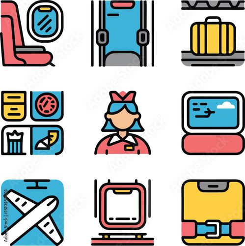 Airplane interior icons with seat window luggage flight attendant and plane
