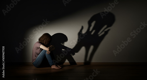 A woman sits alone, shadowed by a large, ominous hand, evoking feelings of fear and isolation.