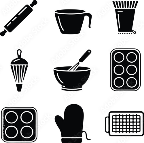Baking Utensils Collection Rolling Pin Whisk Muffin Tins