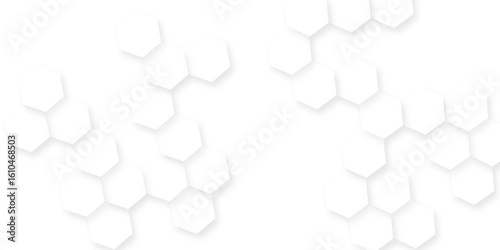 Modern seamless geometry pattern hexagon, The pattern of white hexagons is arranged in a slightly irregular, organic layout, white and gray hexagon honeycomb geometric copy space.