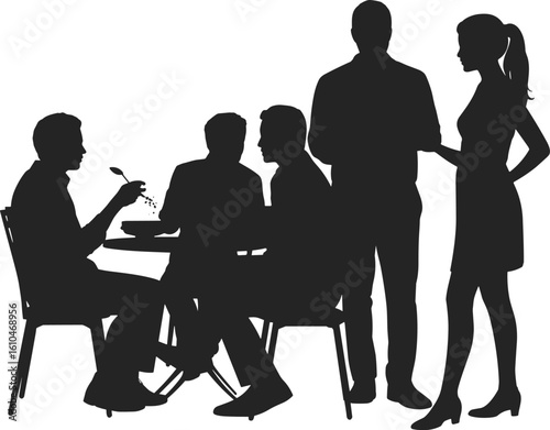 Group of people sitting, dining silhouette, business lunch, coworkers gathering, restaurant meeting, corporate meal, communication, social interaction scene