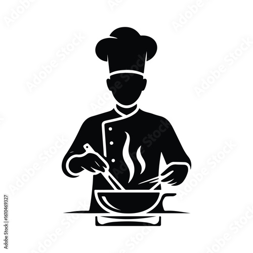 Black silhouette of a chef cooking in a pan food kitchen