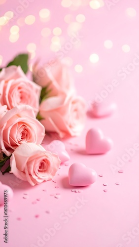 Pink roses and small hearts on a pink background with bokeh lights