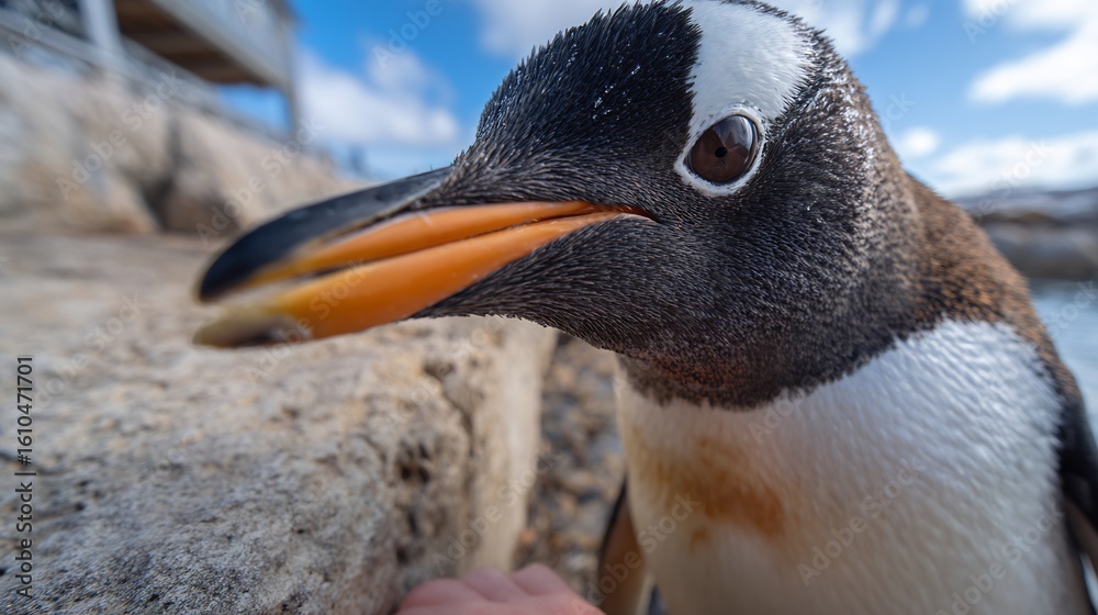 Naklejka premium Curious Gentoo penguin, close-up view with a rocky background and blue sky.