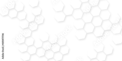 White hexagonal shapes arranged in a honeycomb structure, Abstract white hexagonal shapes on a light grey background.