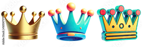 A collection of three stylized crowns in gold, blue, and yellow on a black background