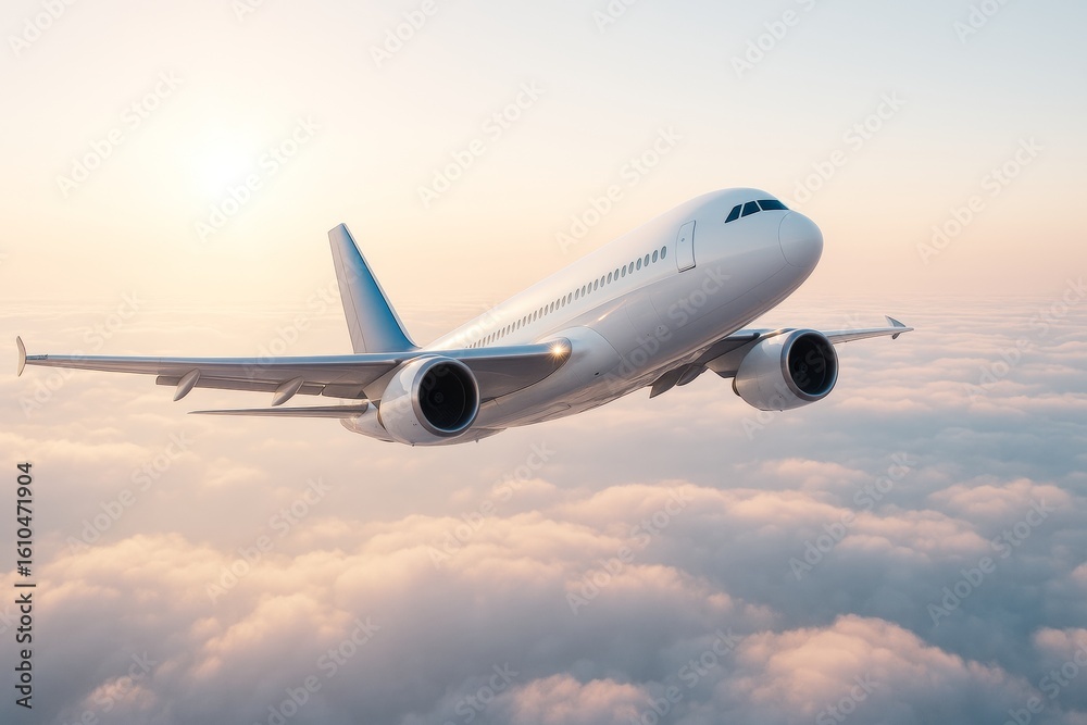 Commercial airplane flying above clouds with soft morning light and clear sky background, symbolizing travel, freedom, and modern air transport.