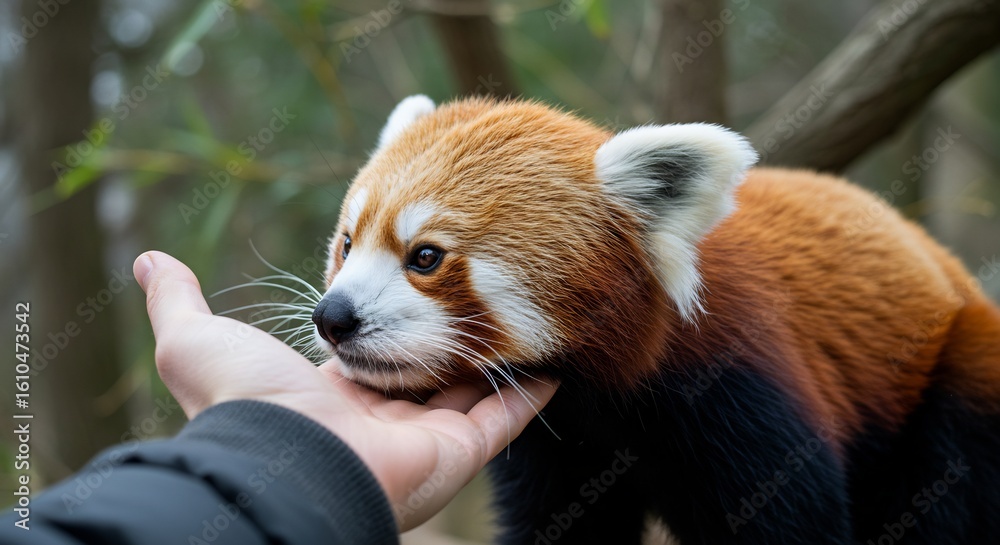 Fototapeta premium Close-up of a red panda being gently petted by a human hand in nature.