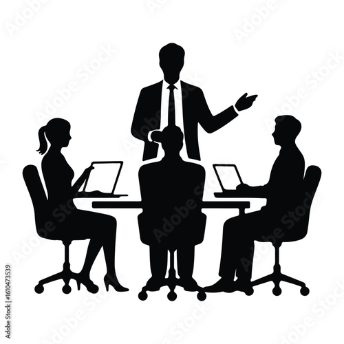 Business meeting with speaker and attendees using laptops