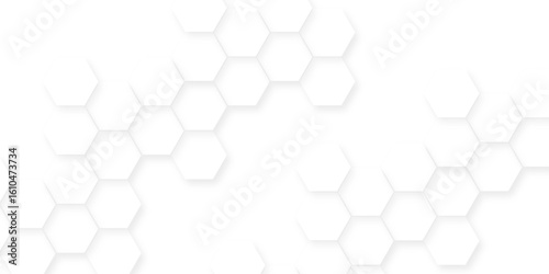 White hexagonal shapes arranged in a honeycomb structure, Abstract white hexagonal shapes on a light grey background.