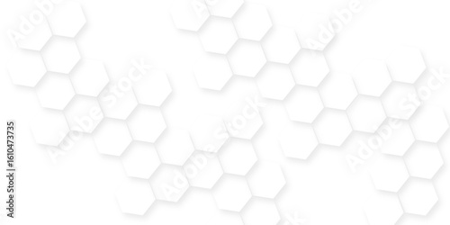 White hexagonal shapes arranged in a honeycomb structure, Abstract white hexagonal shapes on a light grey background.