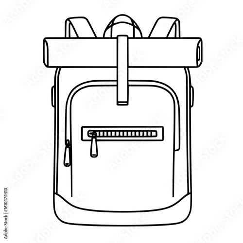 Roll-Top Backpack Vector Illustration in Black and White Line Drawing Style