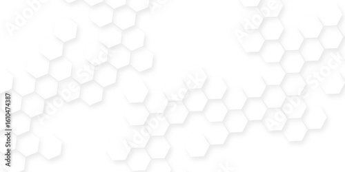 White hexagonal shapes arranged in a honeycomb structure, Abstract white hexagonal shapes on a light grey background.