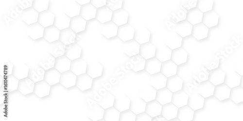 White hexagonal shapes arranged in a honeycomb structure, Abstract white hexagonal shapes on a light grey background.