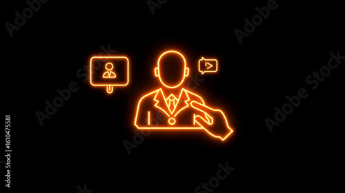 Glowing neon line consultant icon with animated user interaction. Consultant animation HD video isolated on black background.