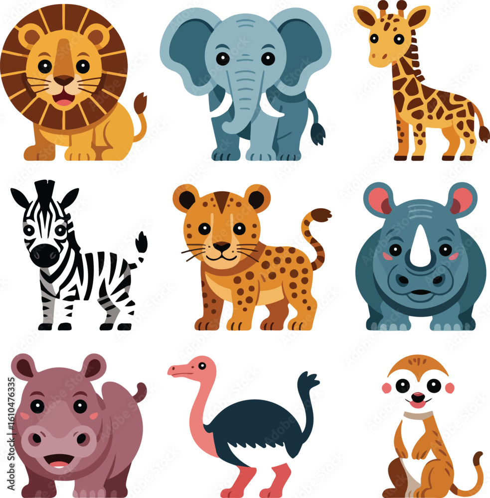Fototapeta premium Cute cartoon safari animals collection lion elephant