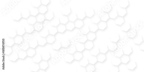 A pattern of white hexagon shapes arranged subtle shadows that create a three-dimensional, layered effect, the geometric repetition and depth of the hexagonal grid.