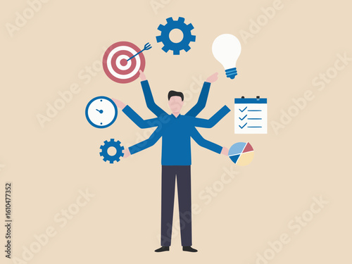 Multitasking business person with many arms juggling tasks and goals