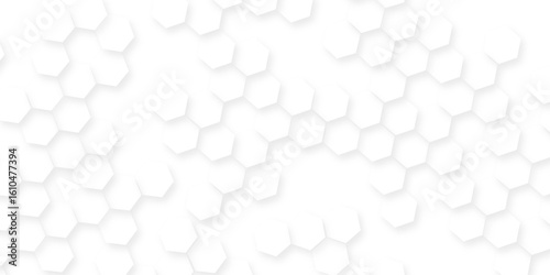 A pattern of white hexagon shapes arranged subtle shadows that create a three-dimensional, layered effect, the geometric repetition and depth of the hexagonal grid.