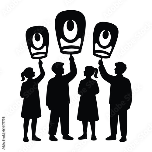 Four people holding up abstract shapes on white background
