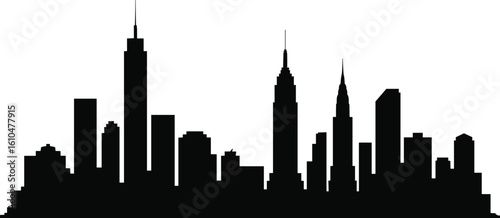 City skyline silhouette, urban landscape view, black cityscape, modern downtown buildings, metropolitan horizon, business district skyline art