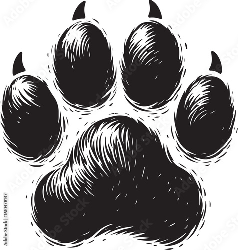 A stylized black and white paw print with visible claws and texture