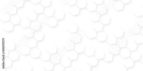 A pattern of white hexagon shapes arranged subtle shadows that create a three-dimensional, layered effect, the geometric repetition and depth of the hexagonal grid.